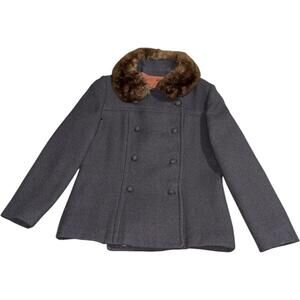 Vintage 1970s Wool Coat Fur Collar Blazer Jacket Union Made USA Gray Button 60s